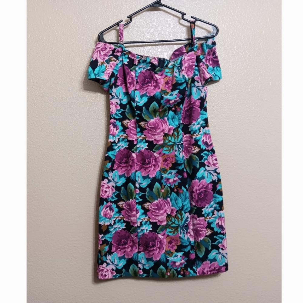 Bill Berman Jodi Schwartz Vintage Purple Blue Floral Off Shoulder Dress